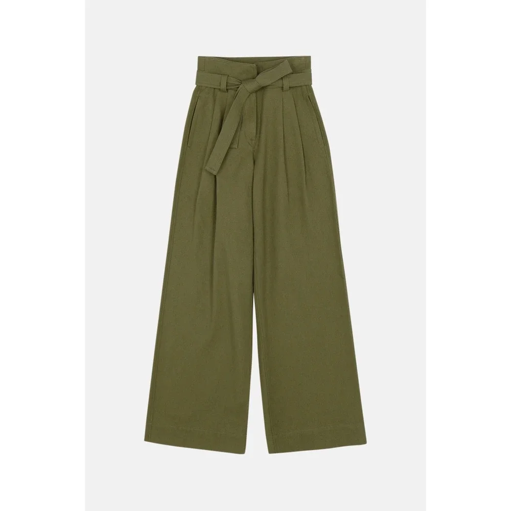 ALC Emily Belted Twill Pants Green High Waist Wide Leg‎ Cotton Trousers 4 NEW